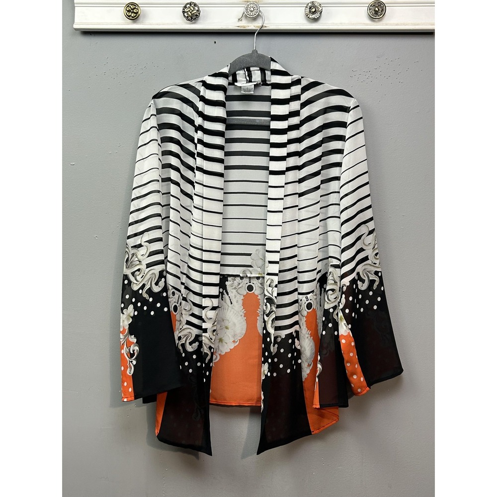Ania.A Cardigan Womens L Black Orange Striped Floral Polka Dot Open Front Kimono